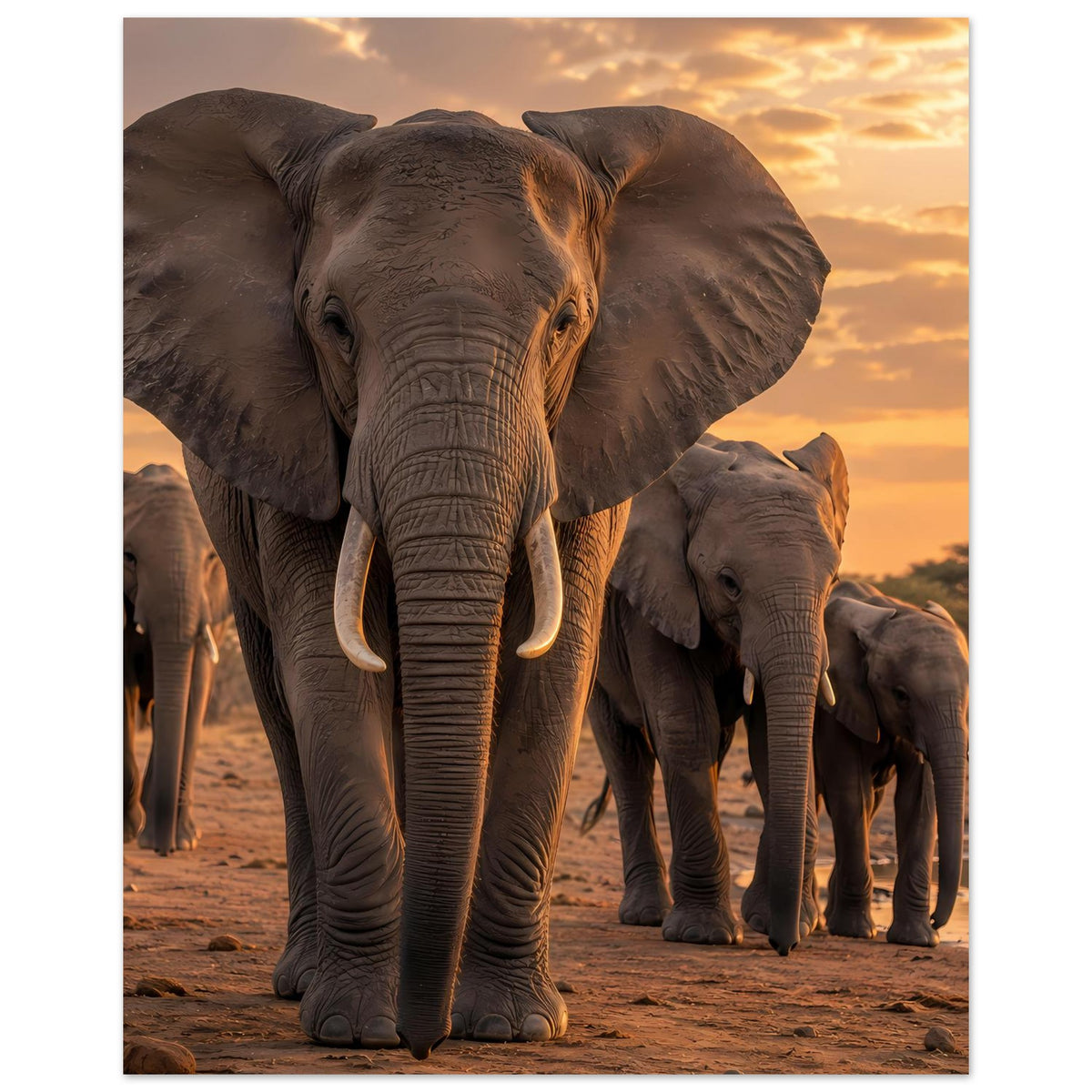 Poster im Hochformat: Elefantenherde am Abend, großer Elefant vorn, weitere Tiere dahinter