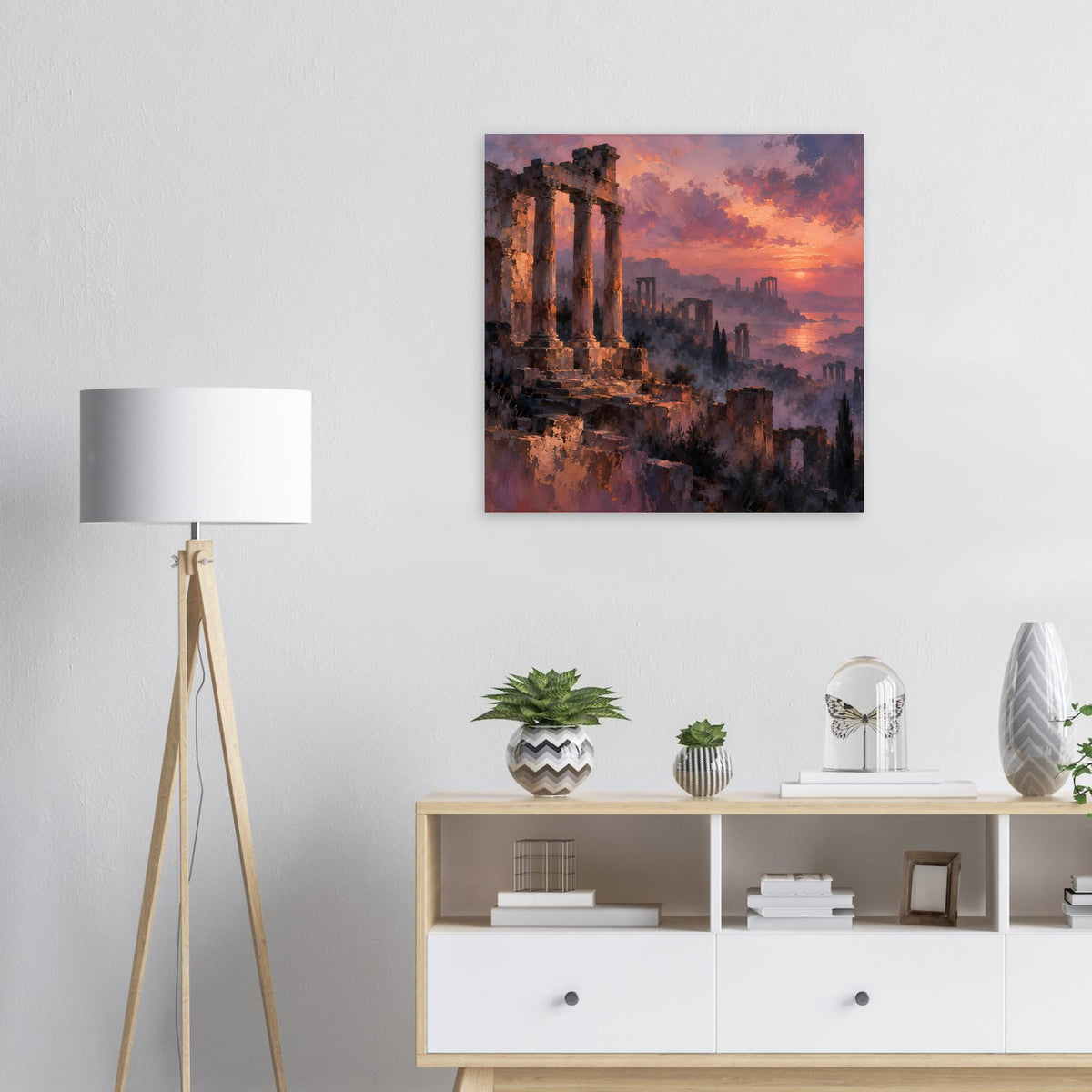 Quadratisches Poster: antike Ruinen beim Sonnenuntergang, orange und violett