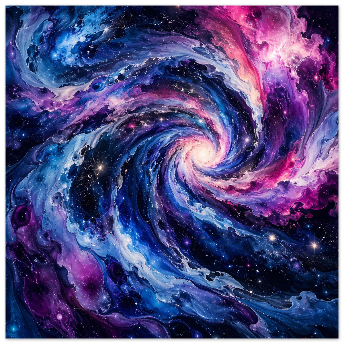 Rechteckiges Poster mit Spiralnebel, leuchtenden Sternen und Nebelflächen in Blau und Lila