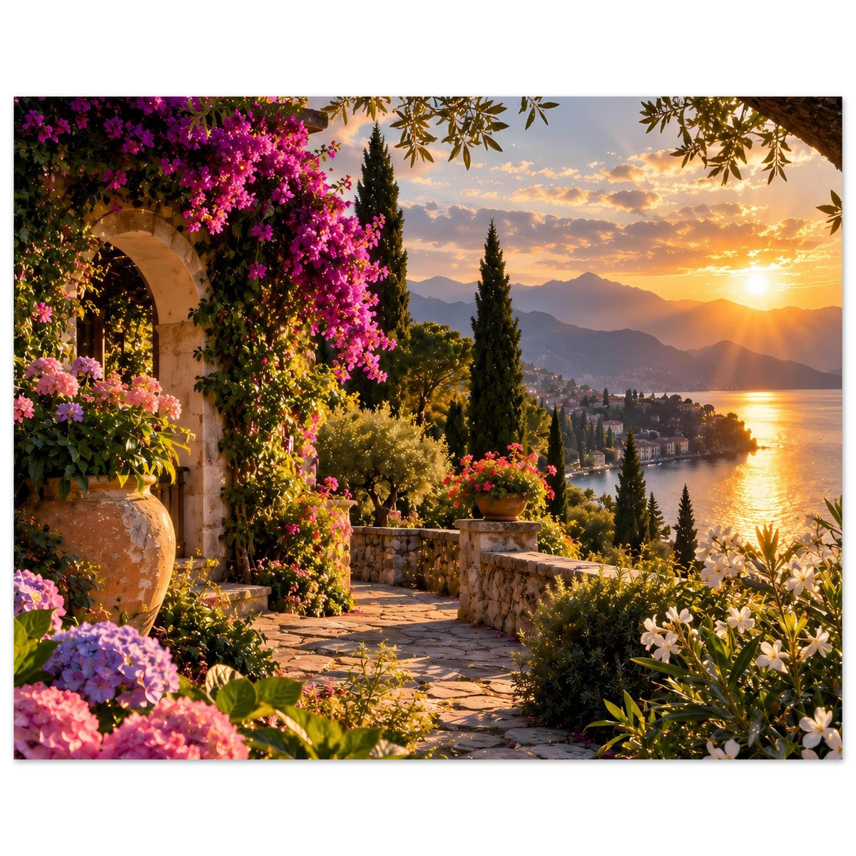 Poster im Querformat: Blumenbeete und Steinmauer, Sonnenuntergang über dem Tal