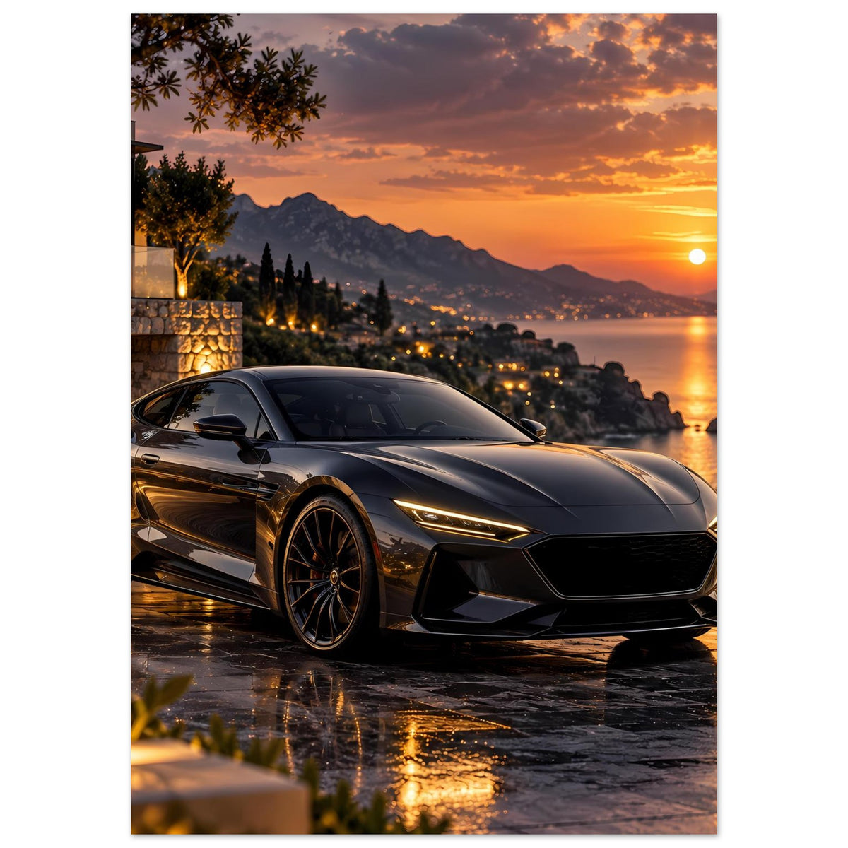 Vertikales Sonnenuntergangs-Poster mit Sportwagen, schwarzer Karosserie und Küstenblick
