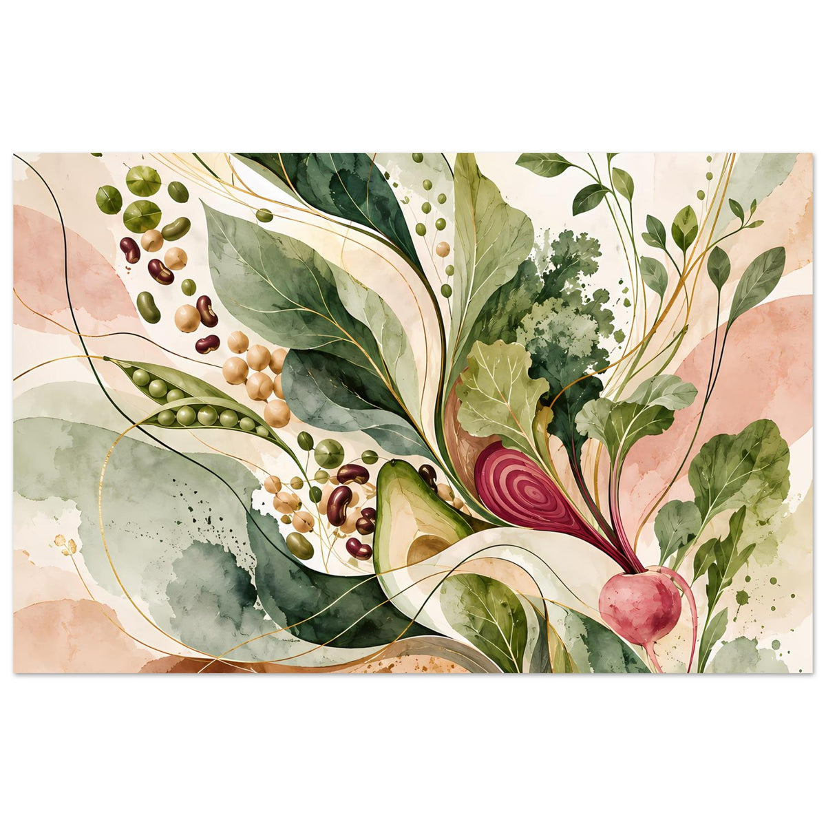 Naturposter im Querformat mit botanischem Motiv aus Blättern, Erbsen und roter Rübe