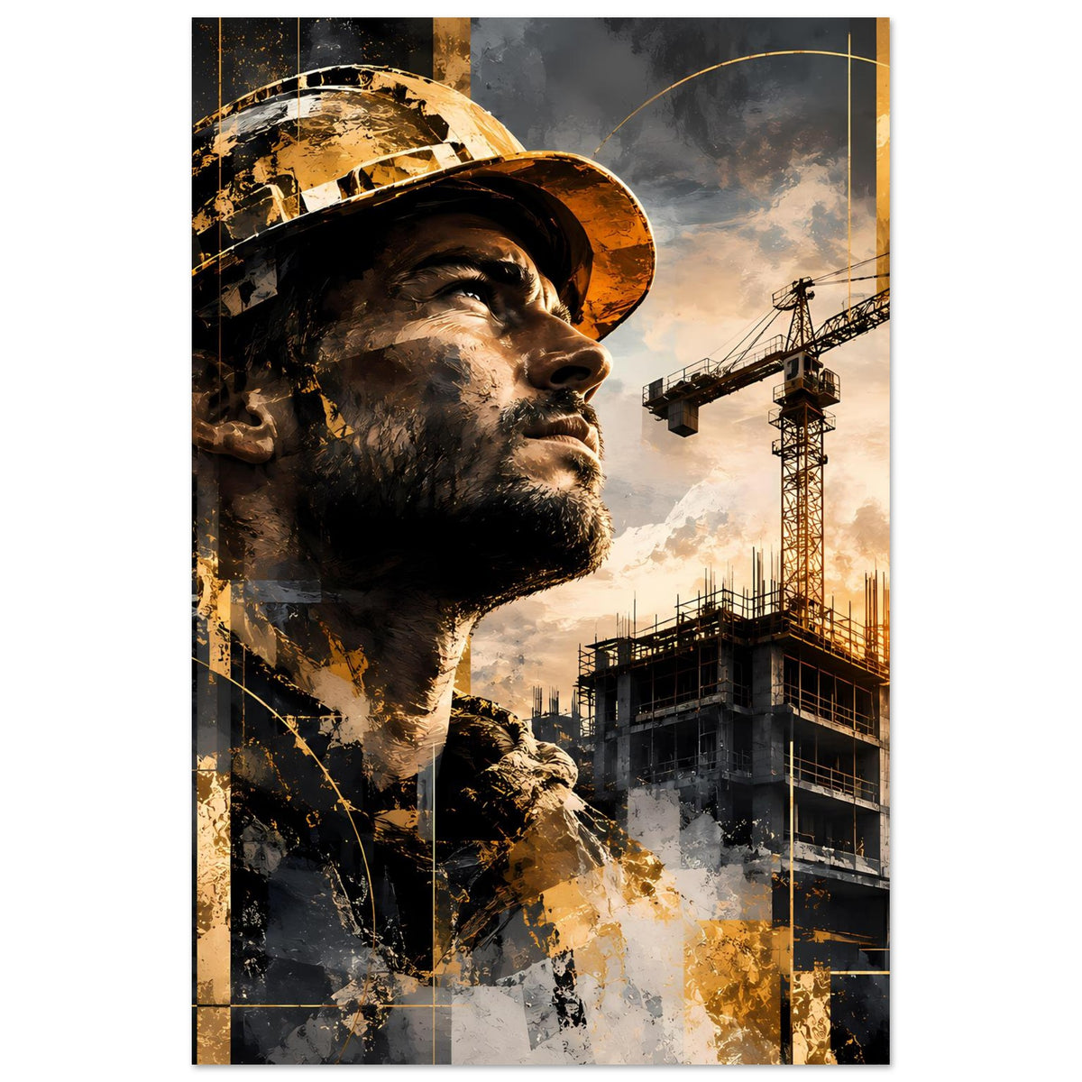 Bauarbeiter-Poster im Hochformat mit Profilgesicht, Gold-Grau und Baukränen