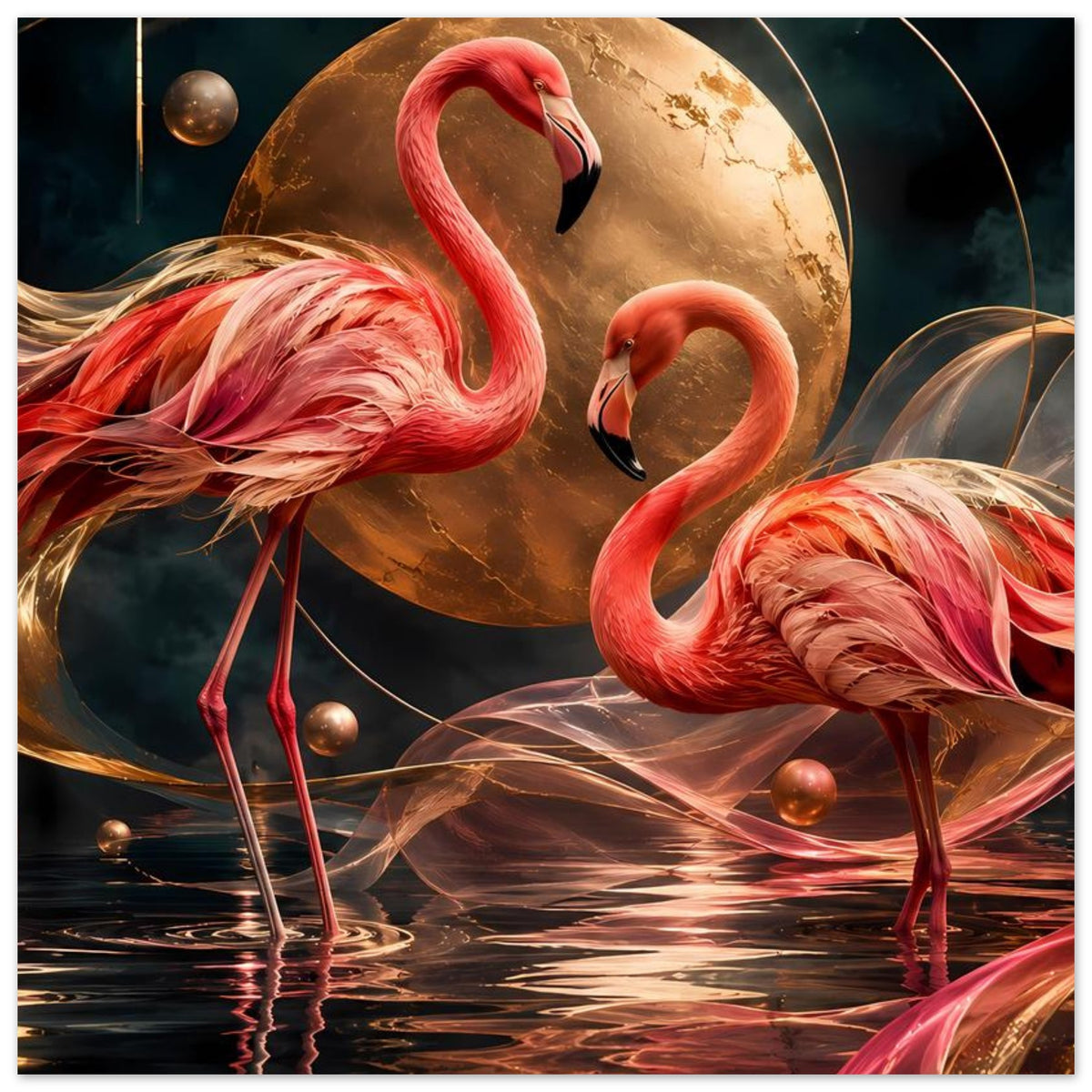 Kunstposter mit zwei rosafarbenen Flamingos vor goldener Mondkugel, Spiegelung im Wasser