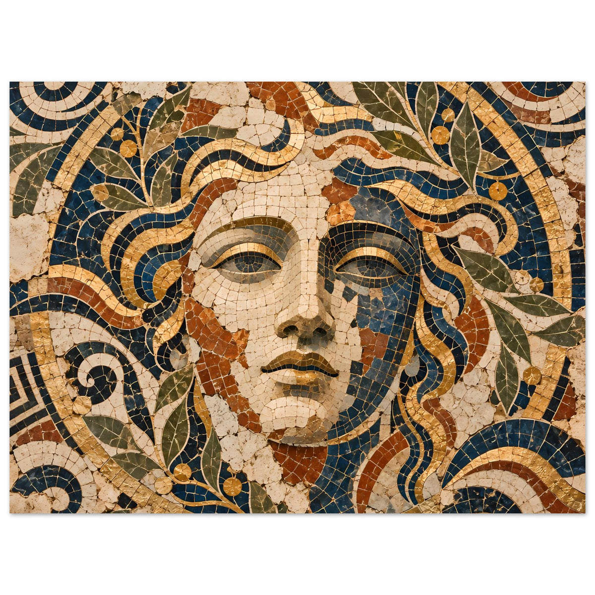 Mosaik-Göttin Poster mit Frauengesicht, cremefarbener Mosaikgrund, goldene Akzente und blaue Wellen