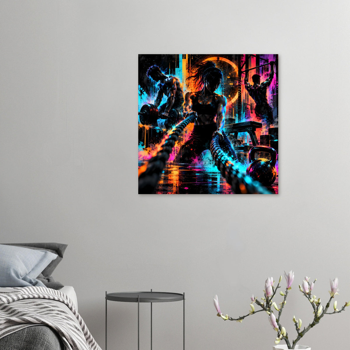 Neon-Fitnessposter im Kleinformat: Sportlerin mit Hantelscheibe, Neon-Look und Farbexplosion.
