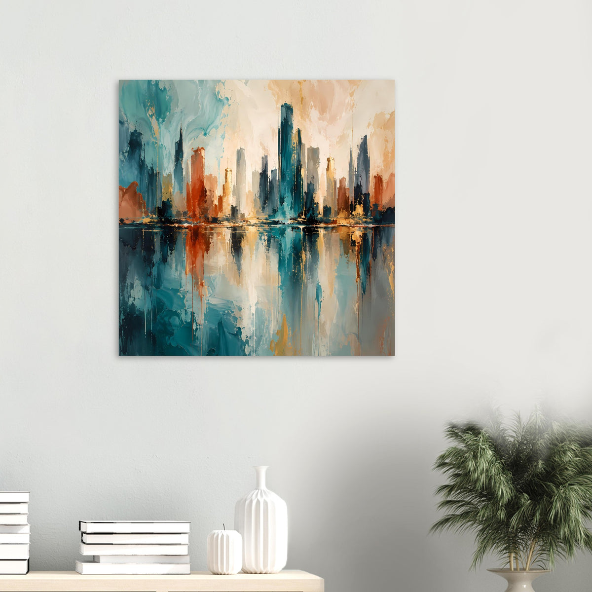 Gerahmtes Skyline-Poster im Querformat mit abstrakter Spiegelung, Blau, Gold und Rost