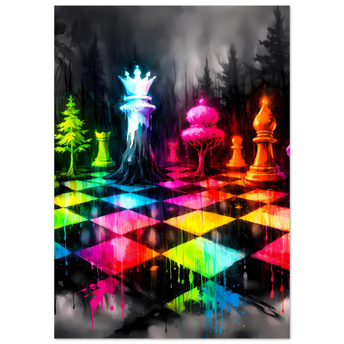 Schachspiel-Poster in Hochformat mit leuchtenden Figuren und bunten Spielreihen