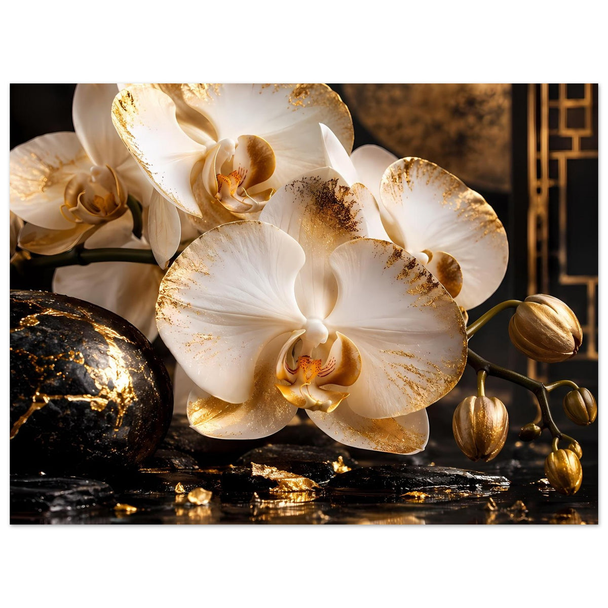 Orchideen-Poster mit goldenen Akzenten, weiße Blüten auf dunklem Hintergrund