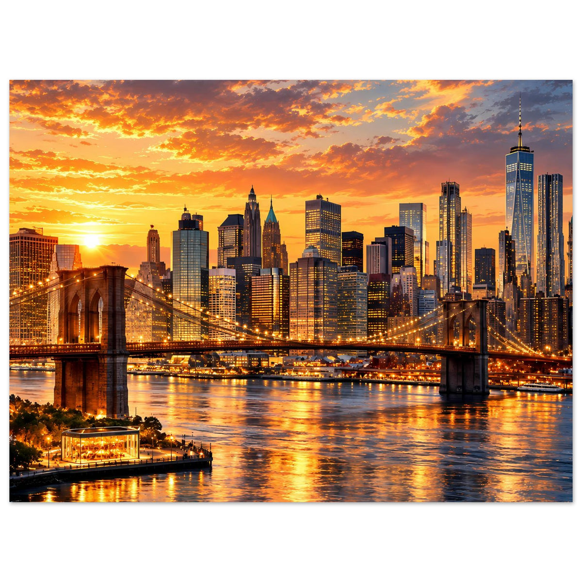 Stadtpanorama-Poster mit beleuchteten Türmen und Brücke bei Sonnenuntergang, horizontal.