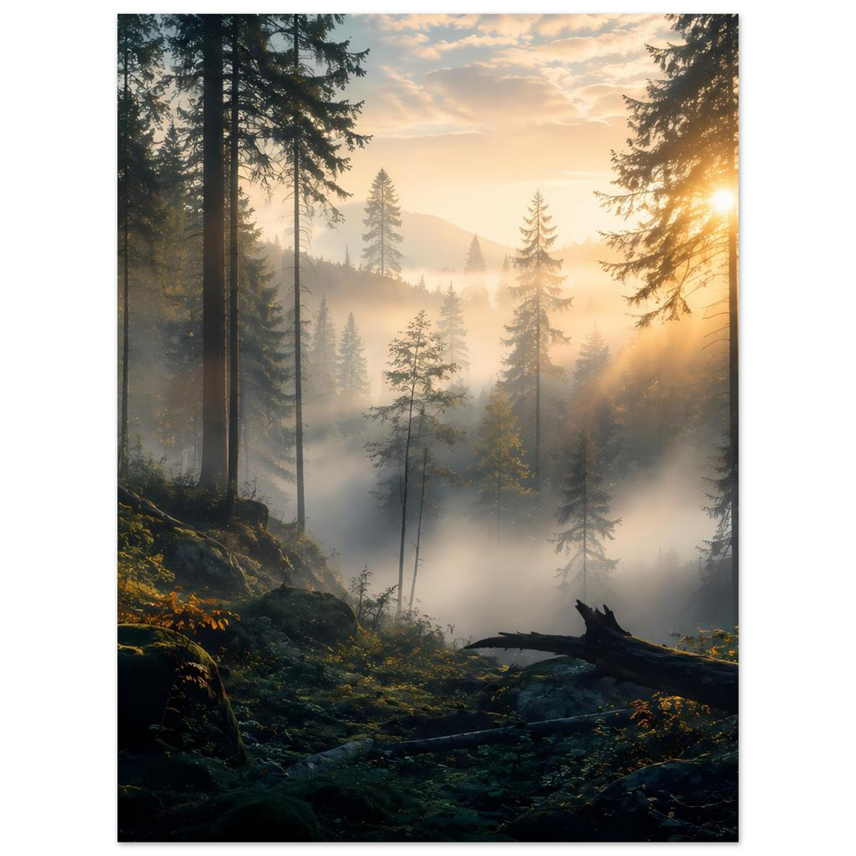 Vertikales Waldposter mit warmem Sonnenaufgang im Nebelwald, Tannen und Baumstamm
