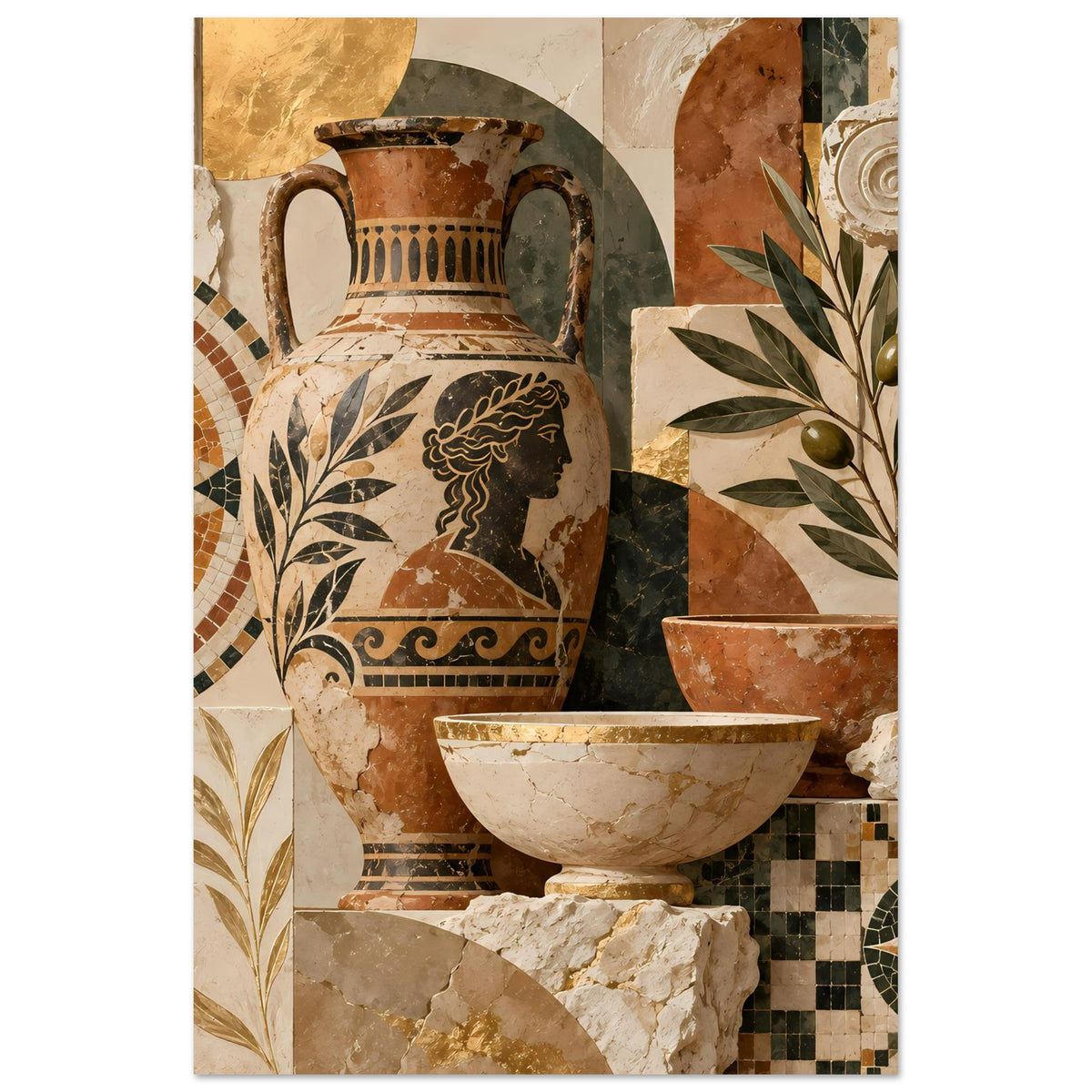 Mosaikposter (Hochformat) mit Keramikvase, weißer Schale und Mosaikfliesen am Rand