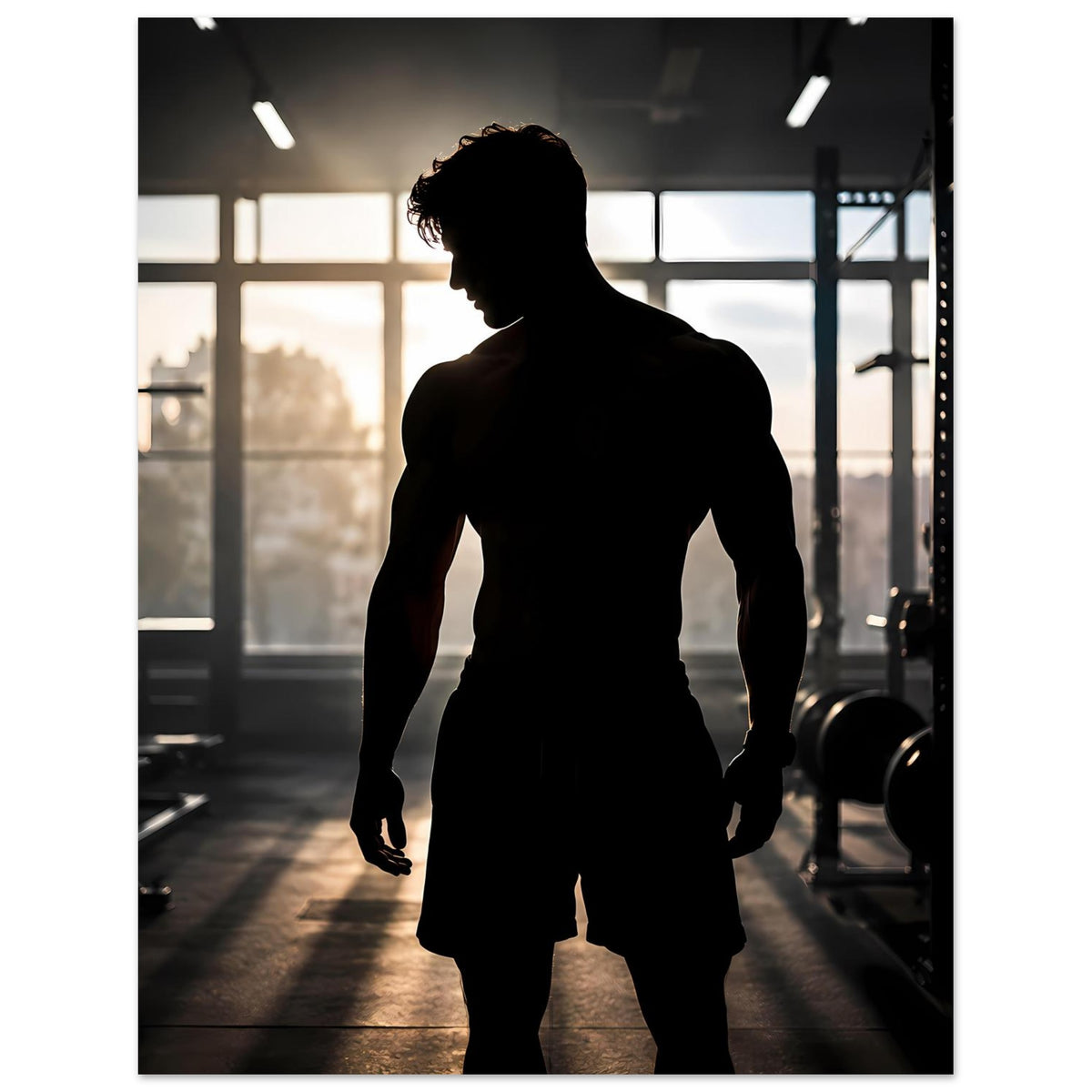 Quadratisches Fitnessposter: dunkle Silhouette eines Athleten mit erhobenen Armen