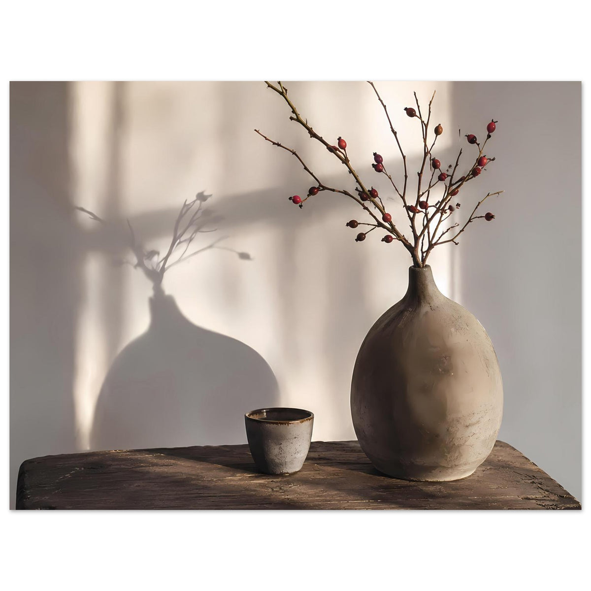 Still-Life-Poster (breit) mit brauner Vase, Beerenzweigen und Tasse auf Holzplatte