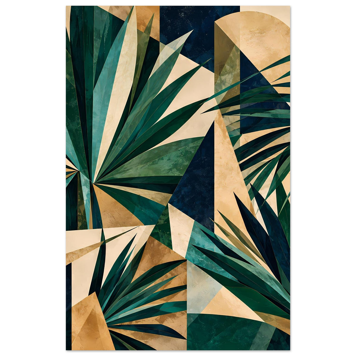 Kunstposter mit geometrischem Blattmuster in tiefem Grün und Gold, Hochformat