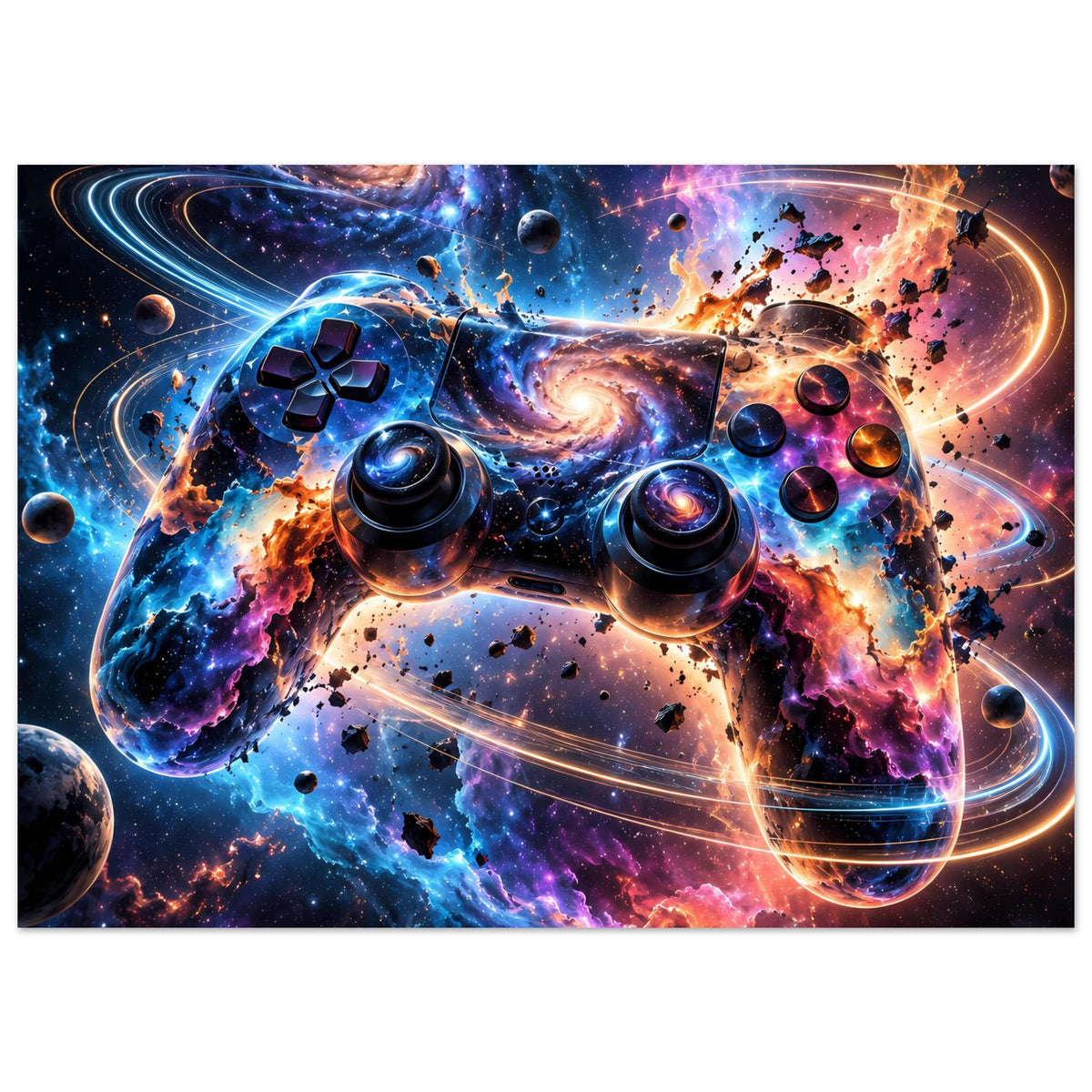 Gaming-Poster mit Galaxie-Controller, orange-blaue Lichteffekte und schwebende Planeten