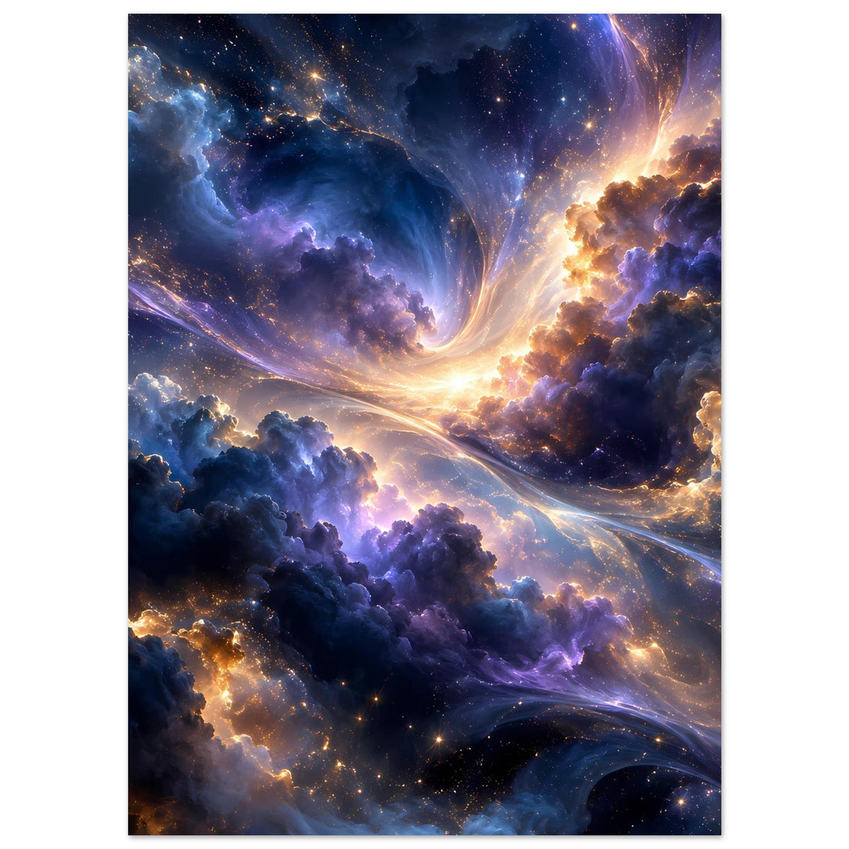 Leuchtendes Galaxieposter mit violett-blauer Wolkenlandschaft und goldenen Sternenfunken