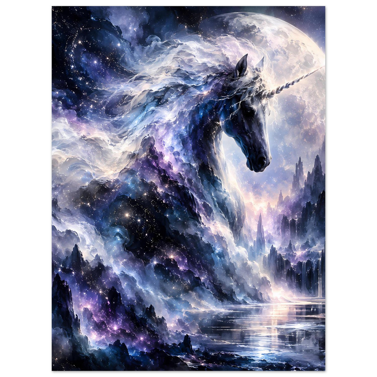 Galaktisches Einhorn-Poster, hochformat: Einhorn im Weltraum, Vollmond, Sterne, ferne Burg-Silhouette.