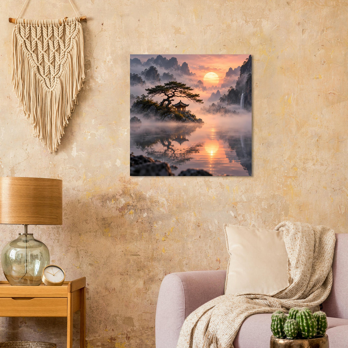 Wandposter mit asiatischem Landschaftsmotiv: Pagode, Baum und Sonnenuntergang über Nebel