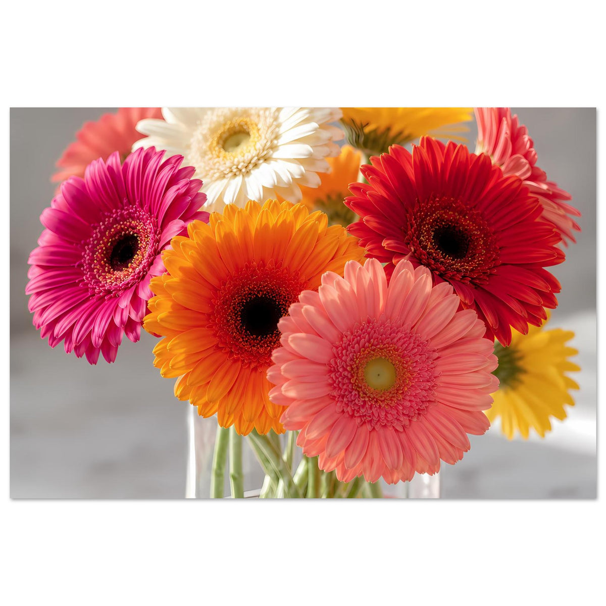 Horizontales Gerbera-Blumenposter mit buntem Blumenstrauß in Glasvase