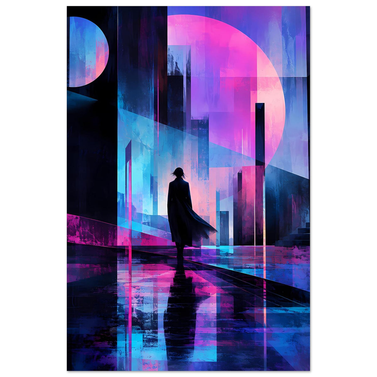 Neon-Nachtlandschaft-Poster mit stehender dunkler Silhouette und leuchtendem Neon-Licht