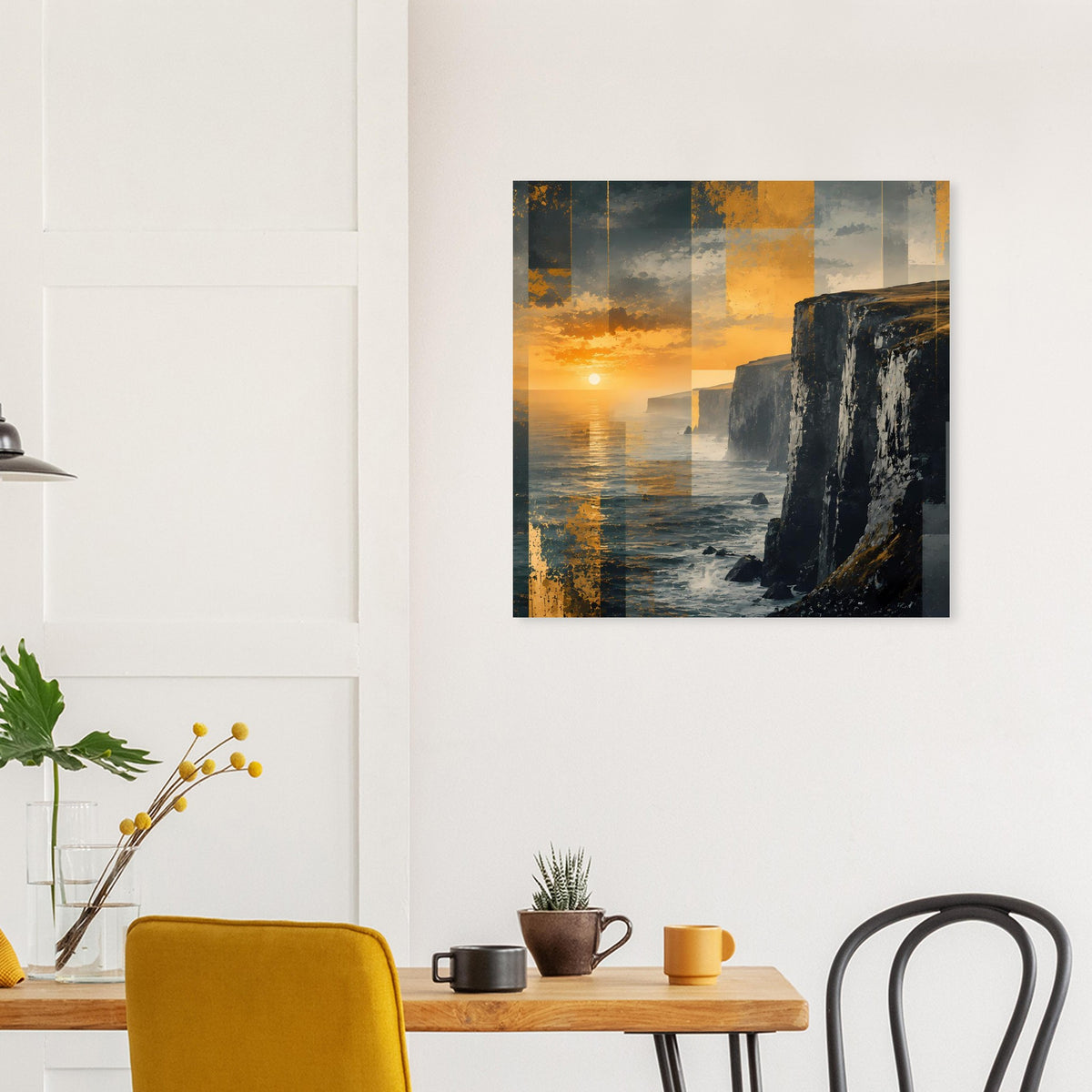 Poster: Sonnenuntergang am Meer, spiegelndes Wasser und Felsen im Bild