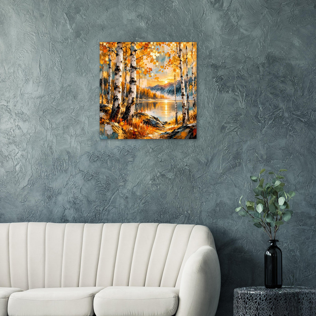 Poster im quadratischen Format mit Birkenwald, Herbstlaub in Orange und Abendspiegelung