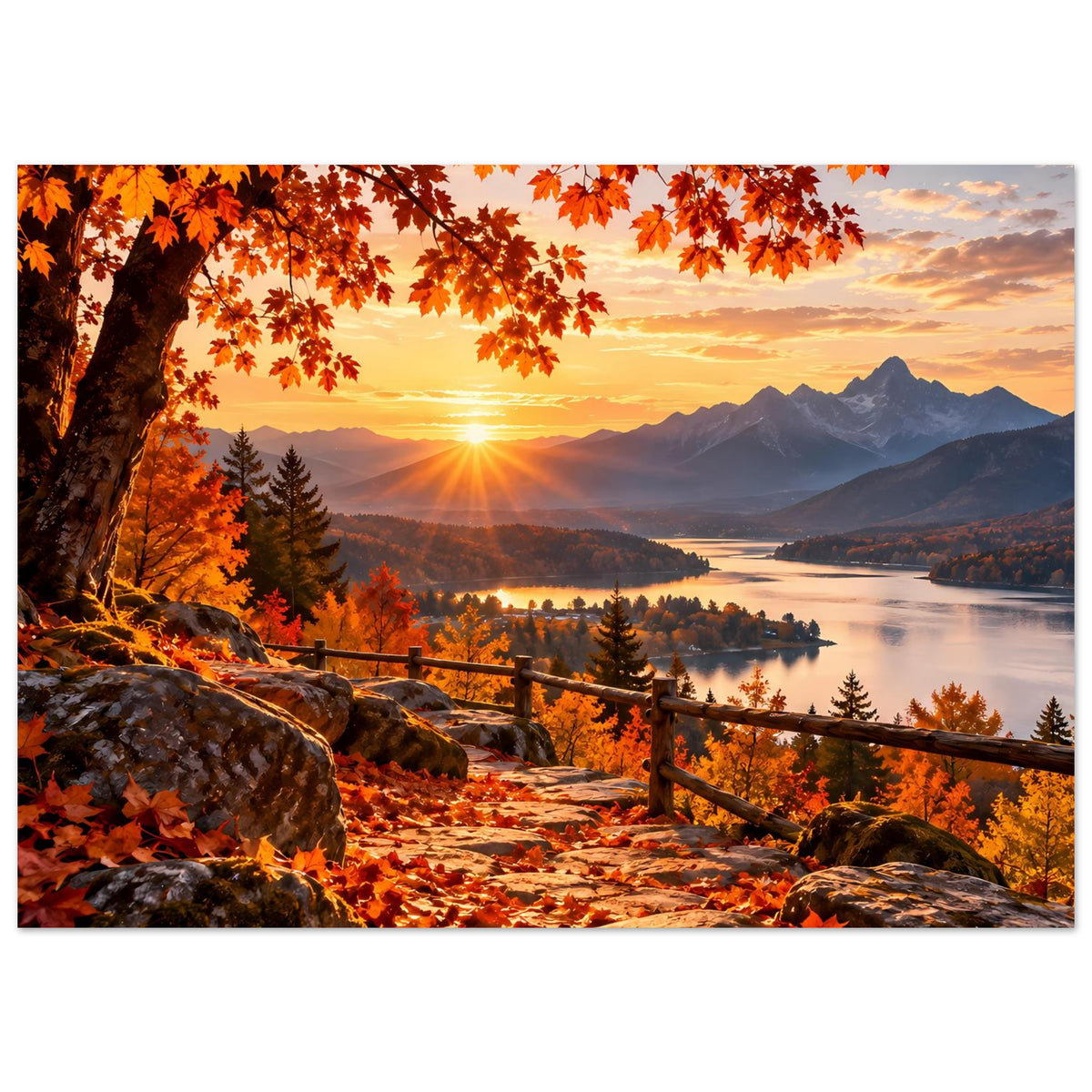Querformatiges Landschaftsposter mit Herbstlaub am Rand, Sonnenuntergang über See und Bergkette.