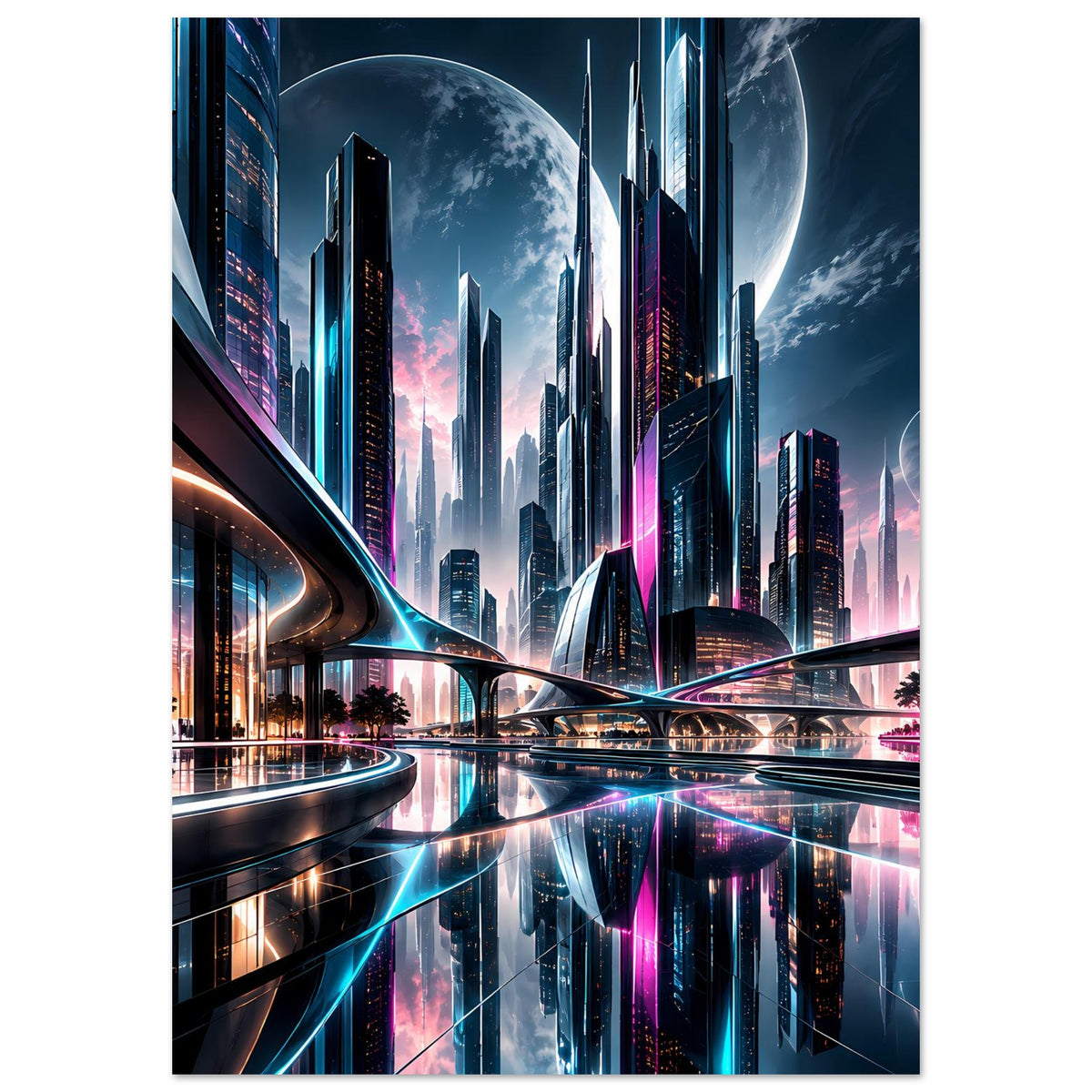 Vertikales Neon-Stadt-Poster mit Türmen, Tunnelbrücken und Reflexionen im Vordergrund