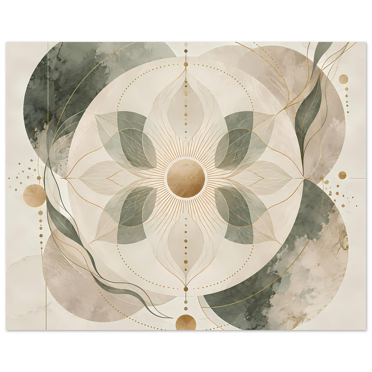 Zen-Poster im Querformat mit Mandala: beige Fläche, grüne Blätter, goldene Linien und Punkte
