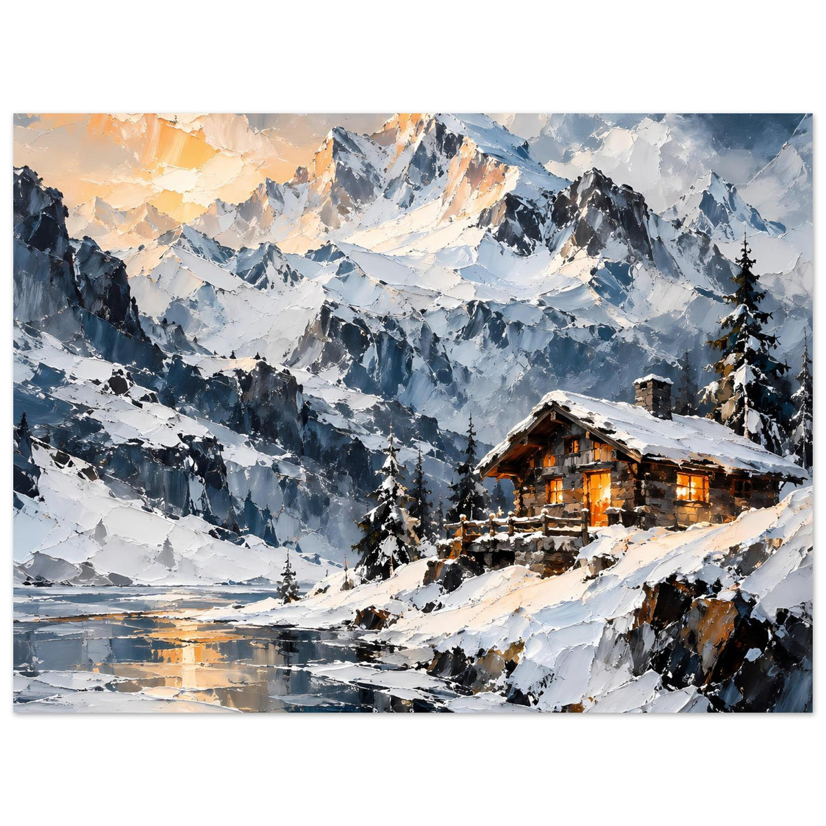 Horizontales Poster mit Alpenlandschaft im Schnee und warmem Licht an einer Berghütte