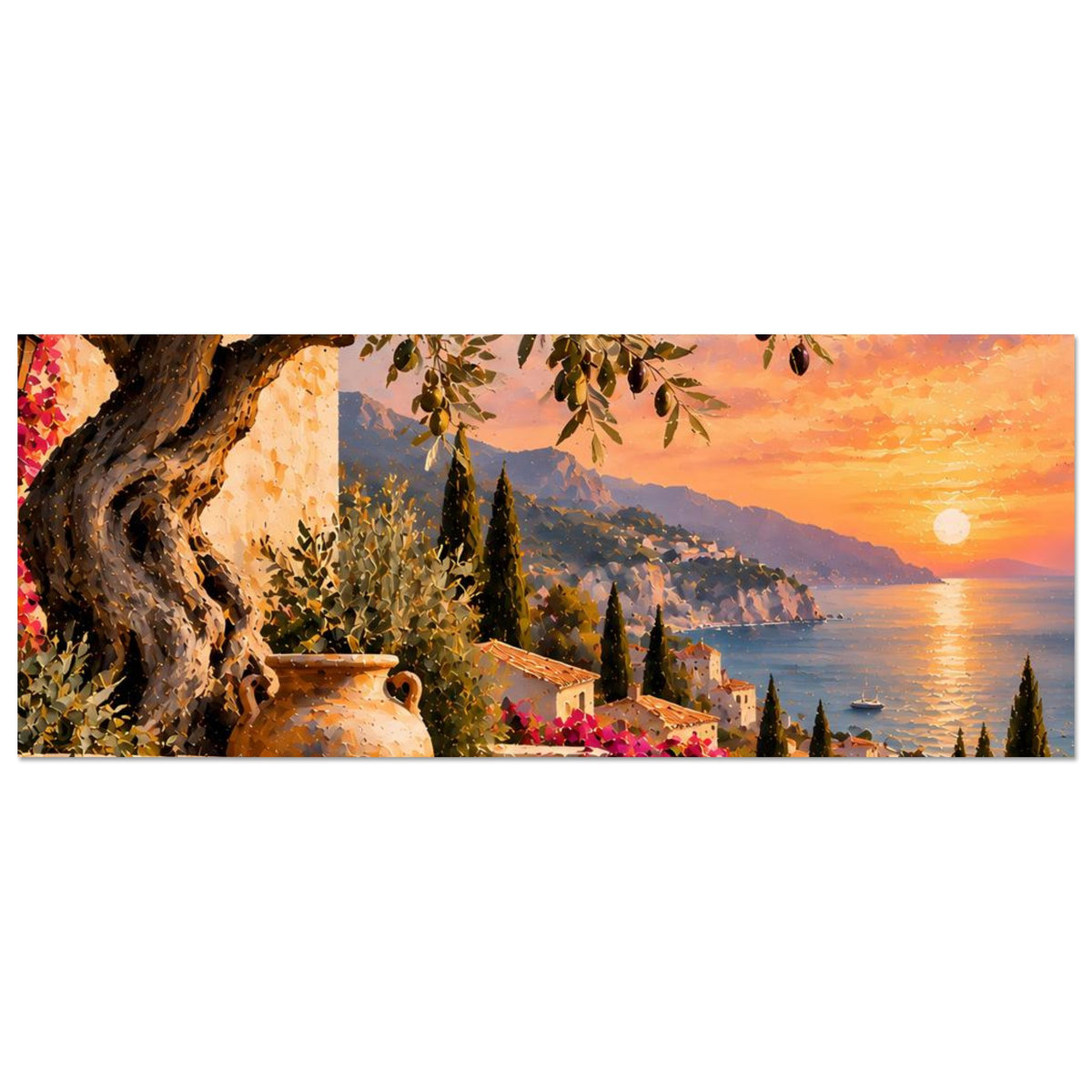 Horizontales Poster: mediterranes Meer bei Sonnenuntergang mit Sonnenball und Landschaft