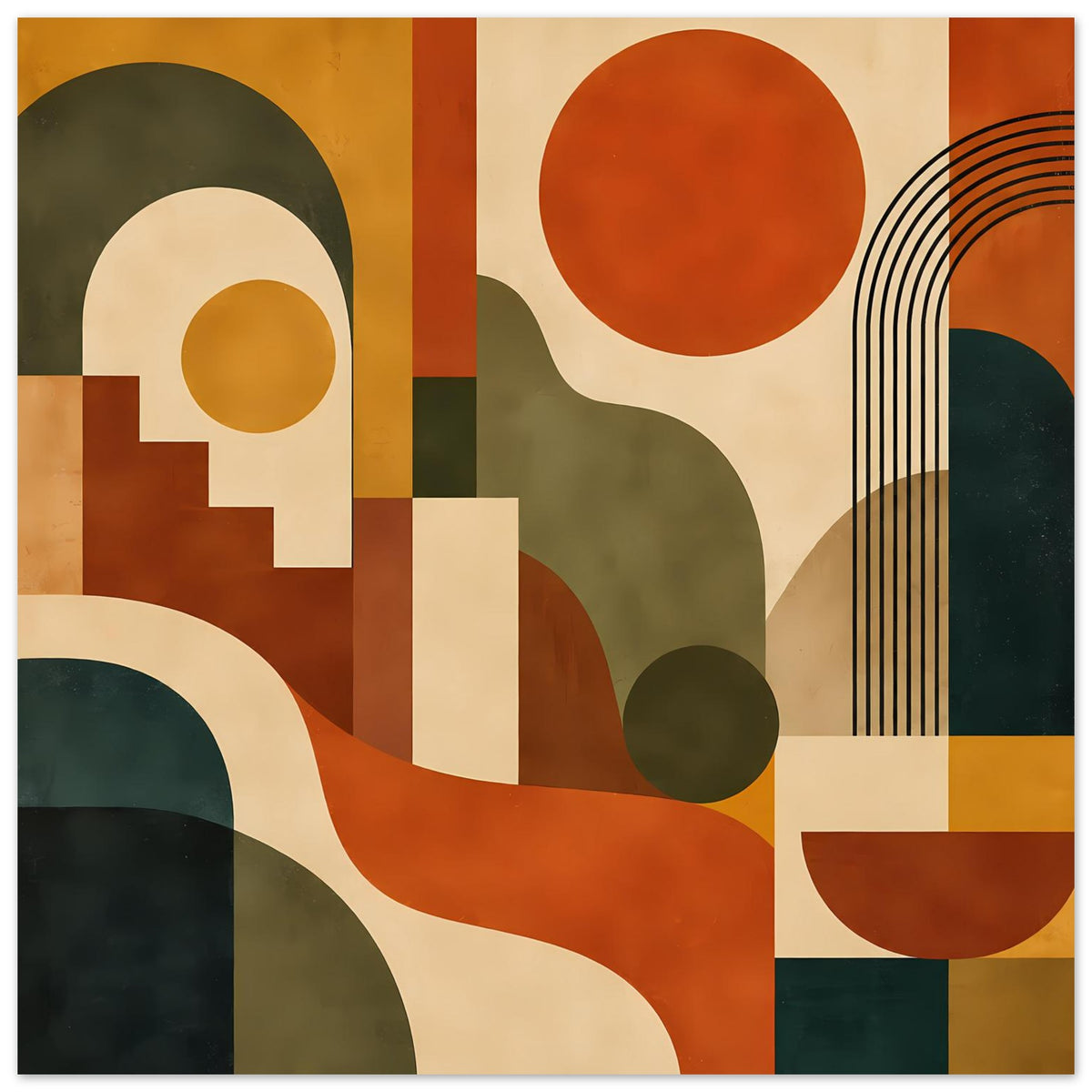 Abstrakter Poster-Druck mit warmen Farben, geschwungenen Flächen, Kreisen und Linien rechts
