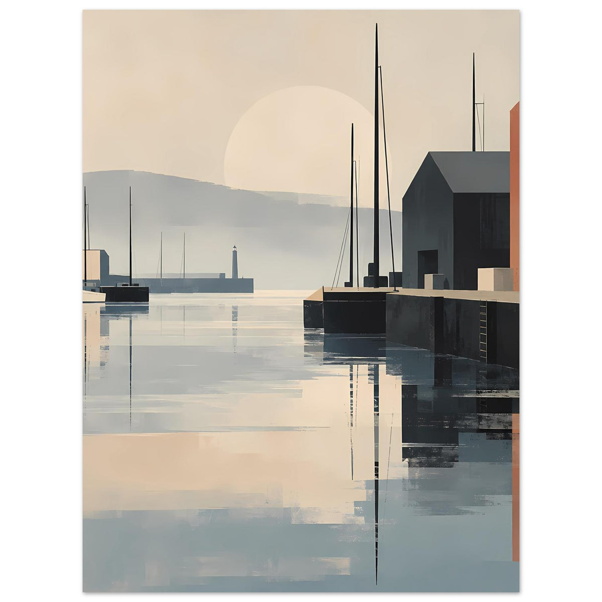 Poster im Querformat mit Hafenansicht: dunkle Schiffe, Terrakotta-Gebäude und spiegelndes Wasser