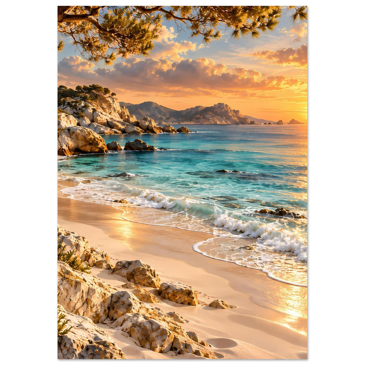 Landschaftsposter im Hochformat: Strand bei Sonnenuntergang, Meereswellen, Felsen, Sonnenkreis