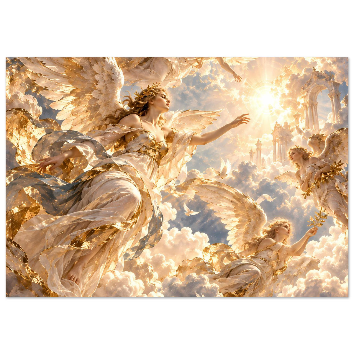 Mattes Poster: Engel über Wolken, goldene Akzente, Querformat mit sichtbarem Rand