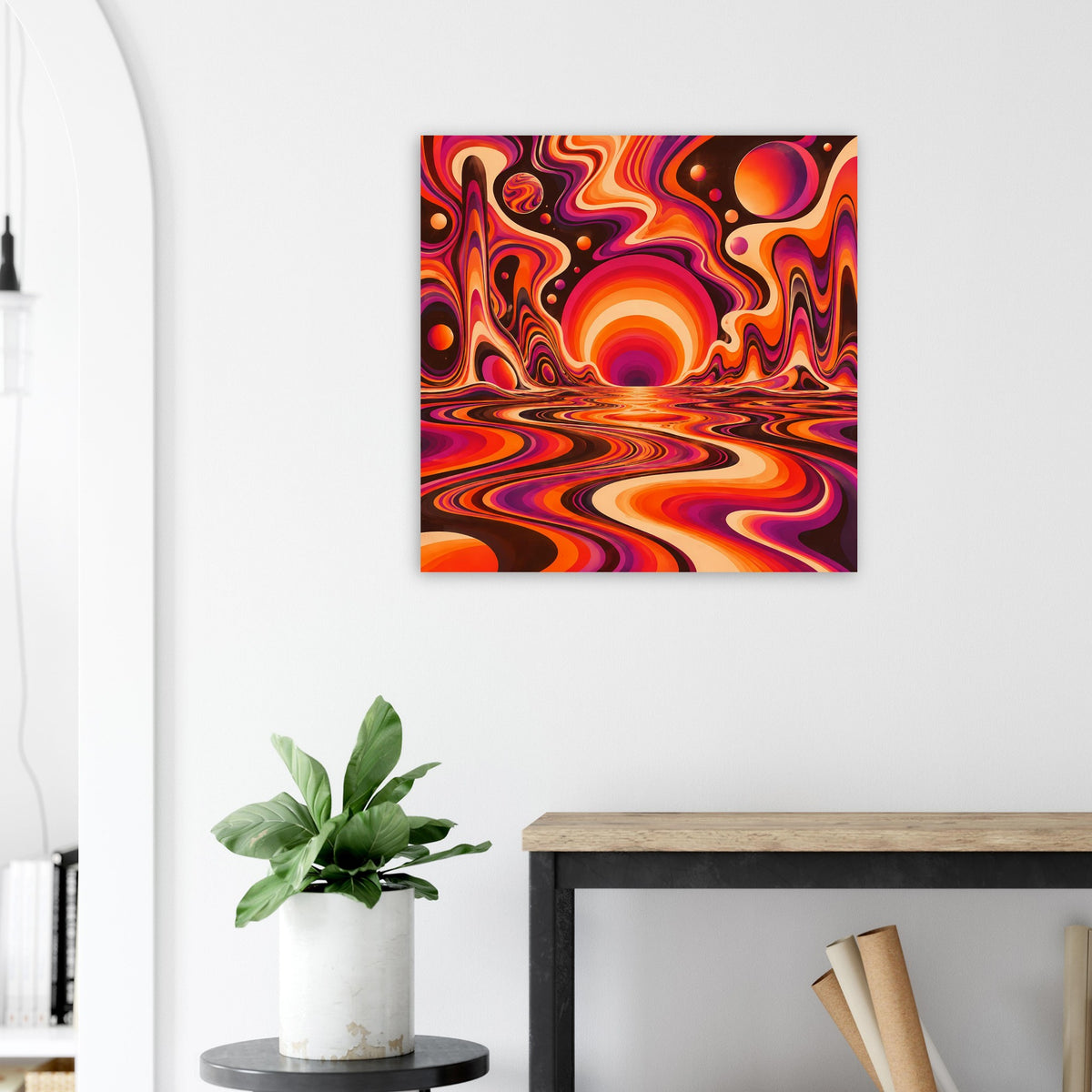 Quadratisches Poster: orange, pink und violett mit Schein-Sonnen-Kreisformen