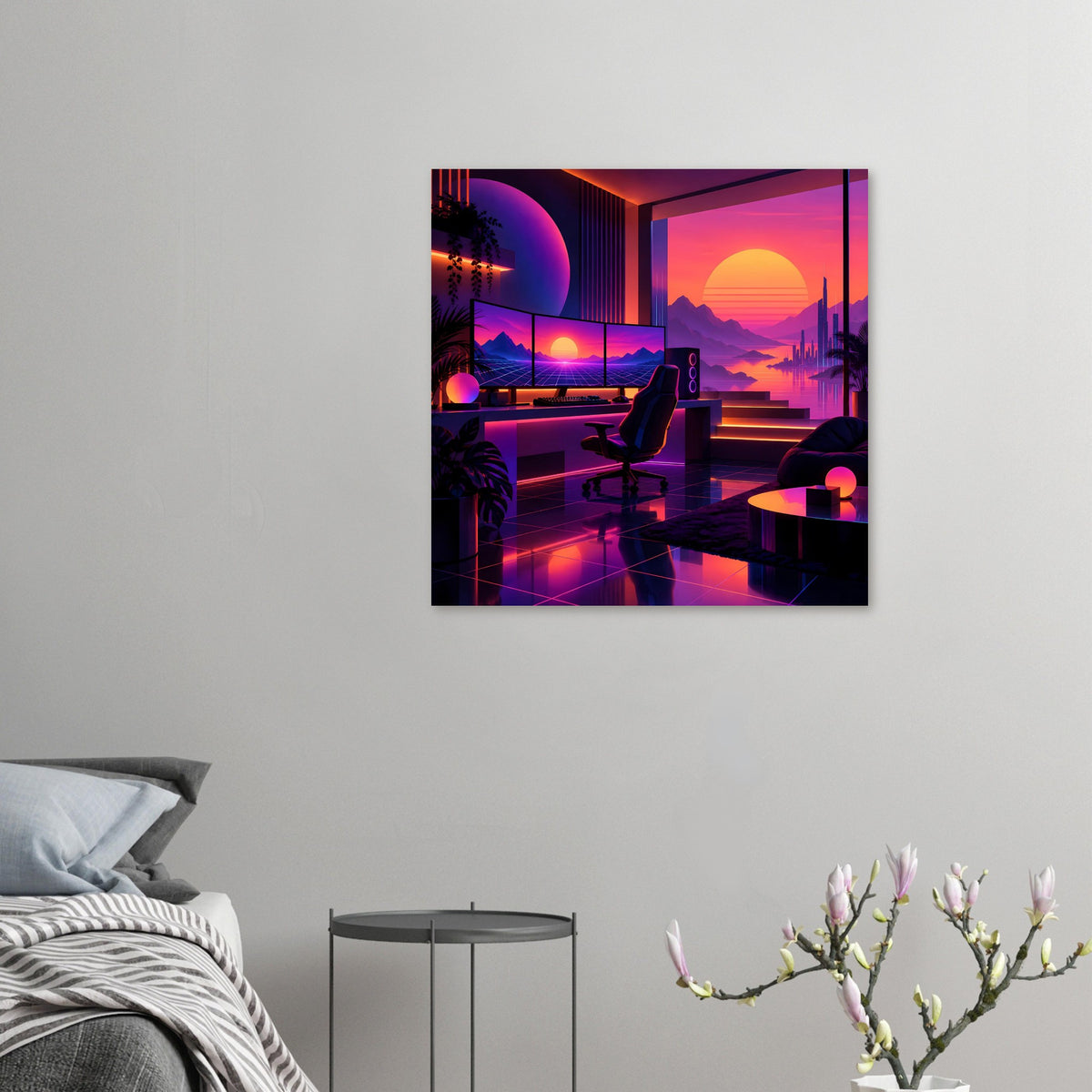 Kleines Neon-Retro-Poster: futuristische Lounge mit Sonnenuntergang und leuchtenden Farben