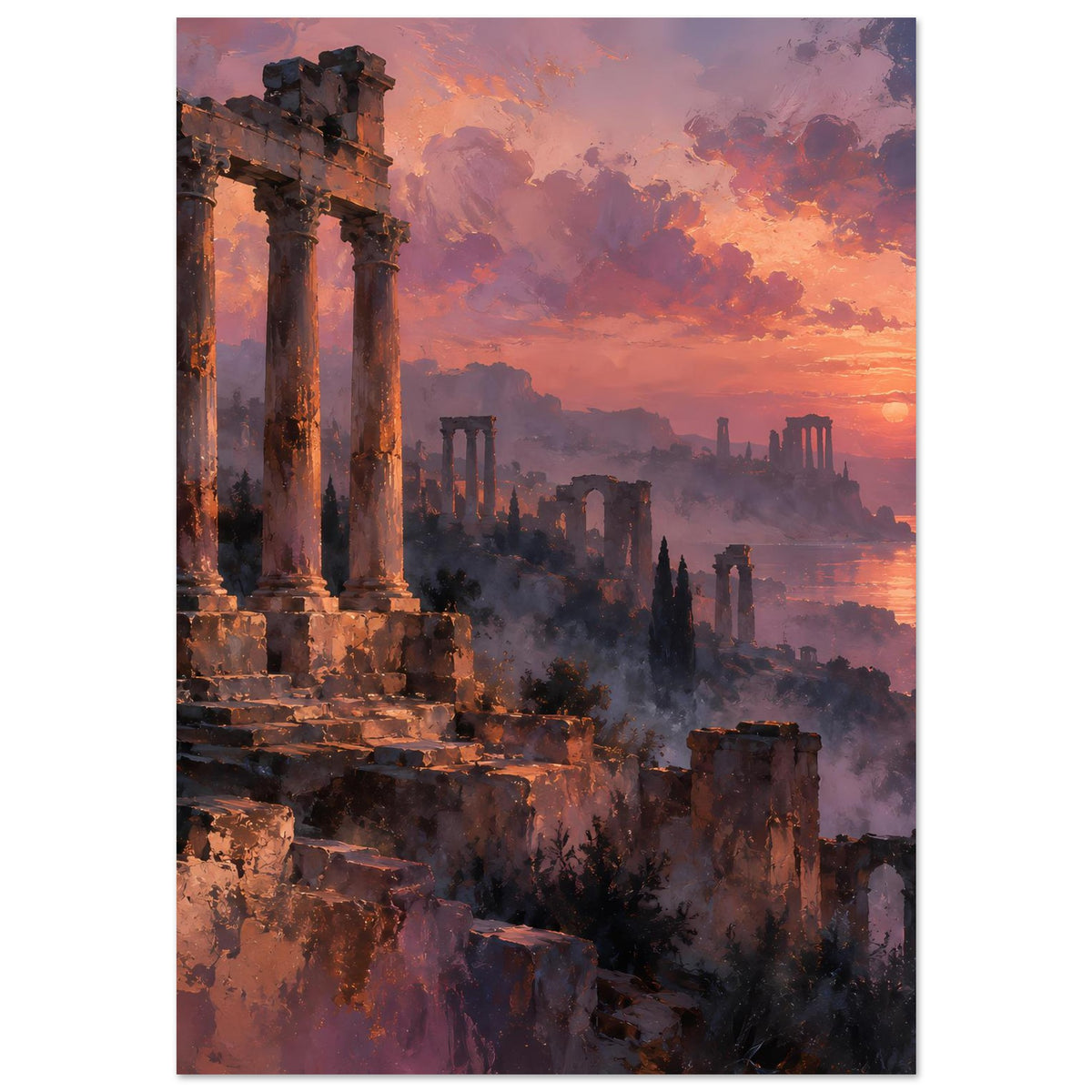 Poster mit antiken Steinsäulen und Ruinen im Sonnenuntergang, Farbverlauf Orange/Violett.