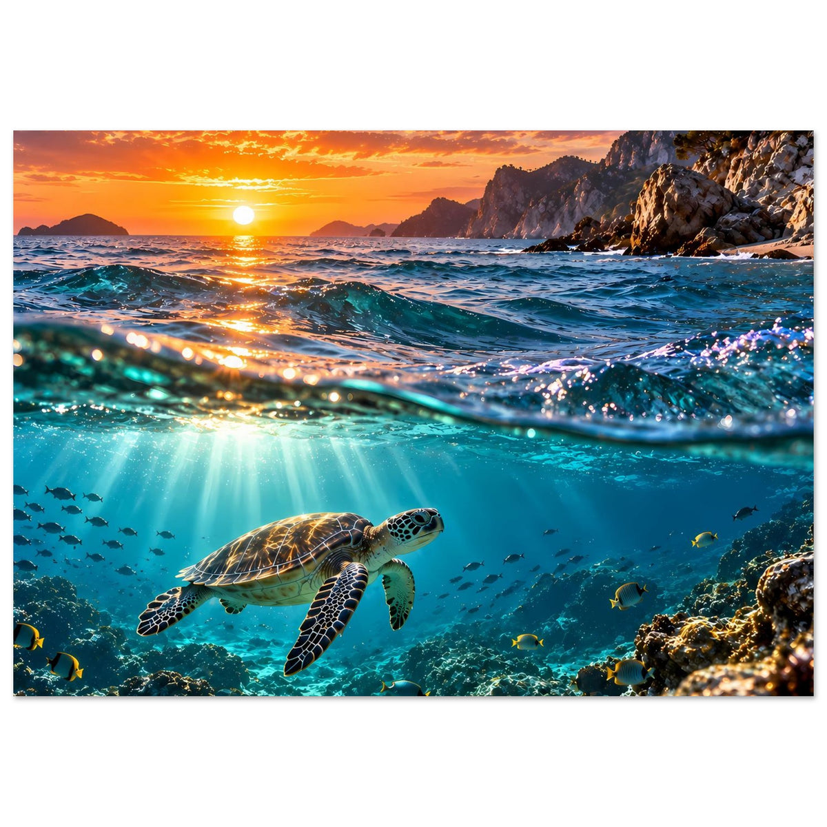 Querformat-Wandposter mit Meeresschildkröte im türkisblauen Wasser und Sonnenuntergang