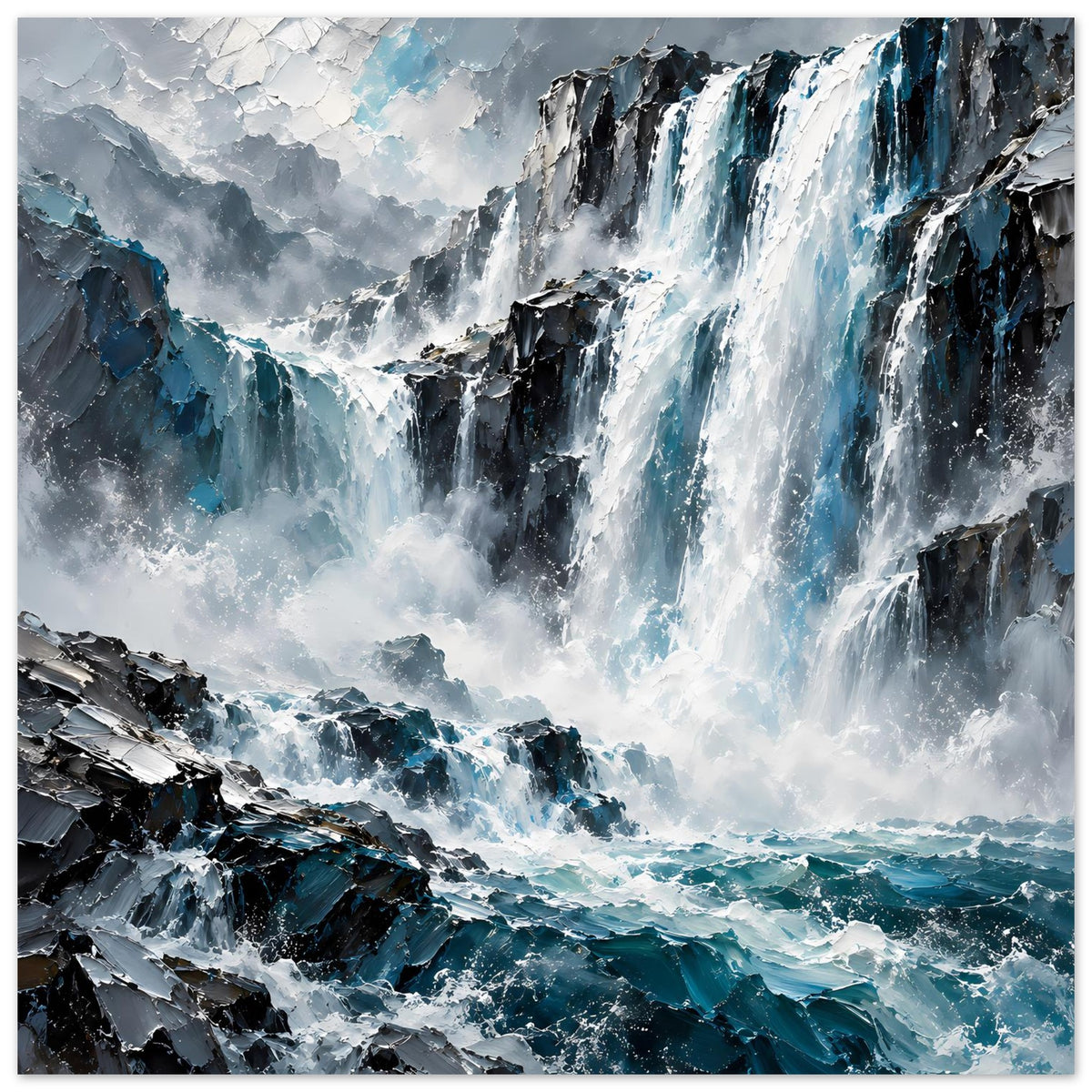 Wasserfall-Poster: hohe Wasserfälle über dunklen Felsen, blaue Gischt und Meer, Querformat