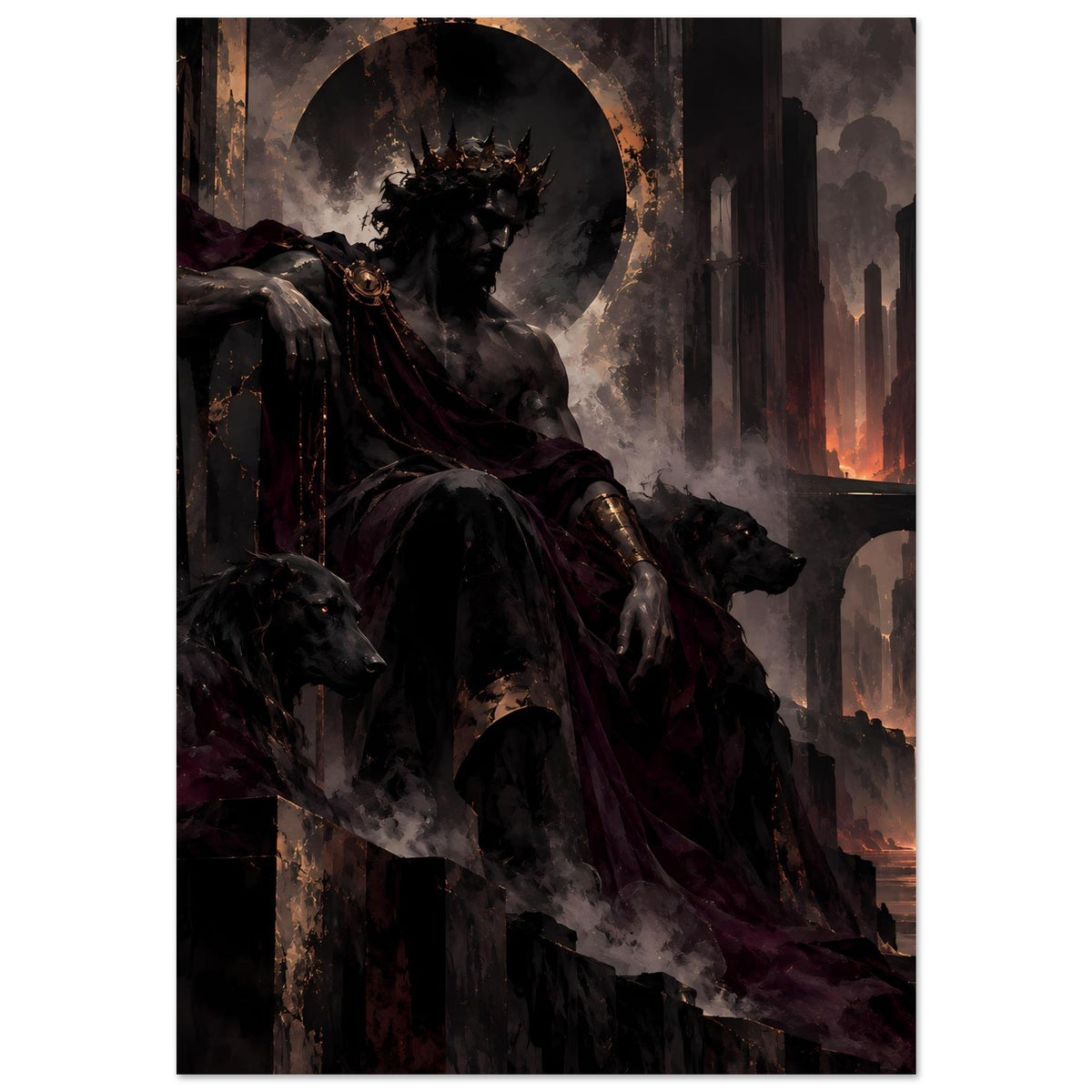 Dark-Fantasy-Poster (hoch) mit gekrönter Kriegerfigur, Mondsymbol, wehender Umhang und Rauch