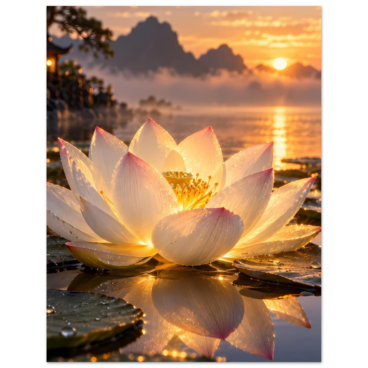 Poster mit Lotusblüte, große helle Blütenblätter in Weiß und Gelb, Spiegelung sichtbar