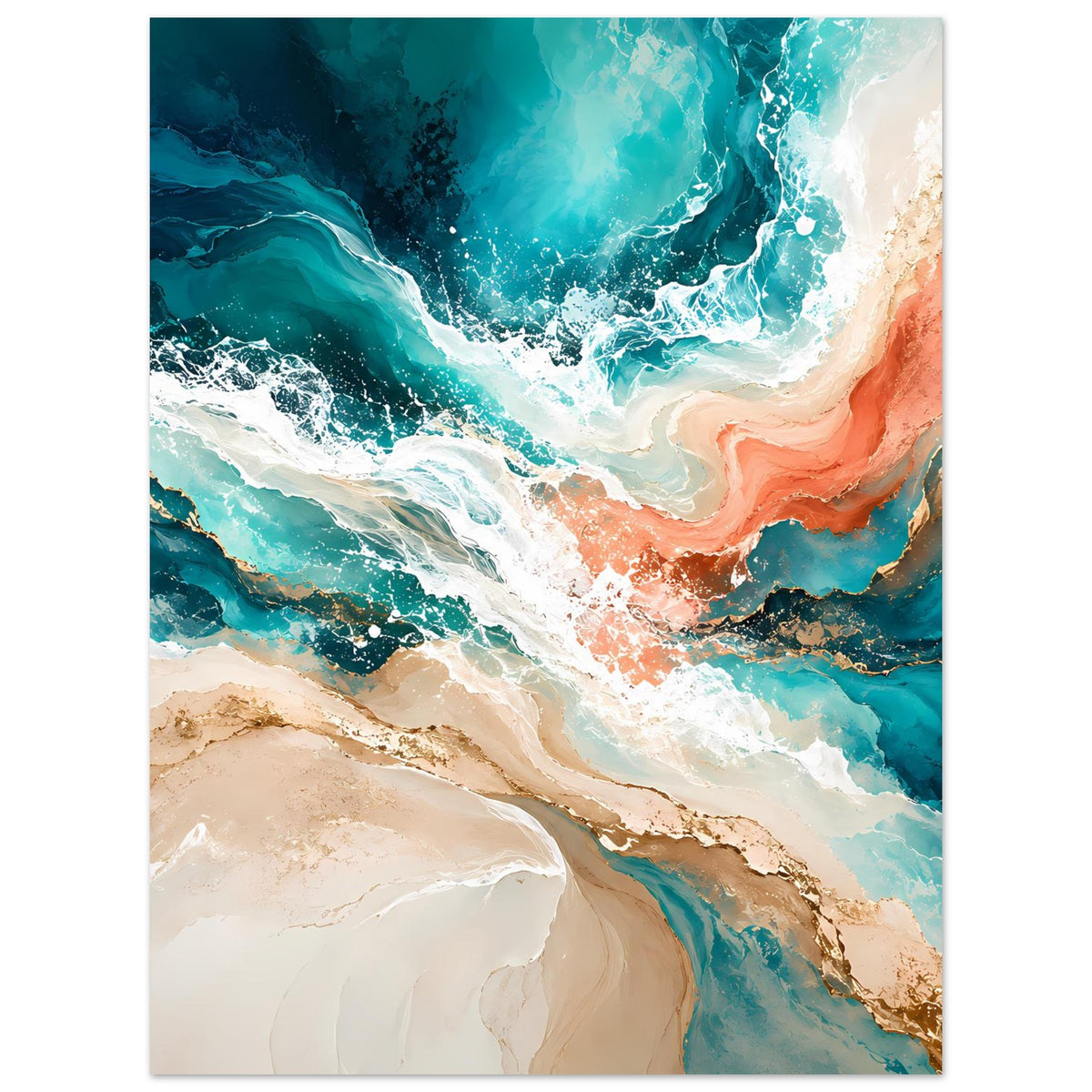 Kunstposter mit abstrakten Wellenstrukturen in Türkis, Blau, Beige und Koralle (hochformat)