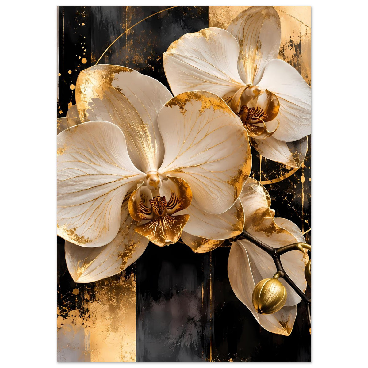 Orchideenposter mit großen cremefarbenen Blüten und gold schimmernden Farbverläufen