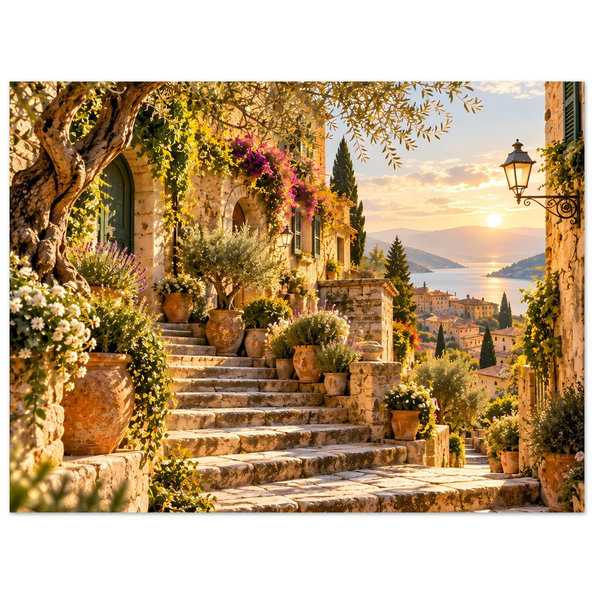 Poster im Querformat: Treppenstufen mit Kübelpflanzen, Blumen und goldenem Abendhimmel