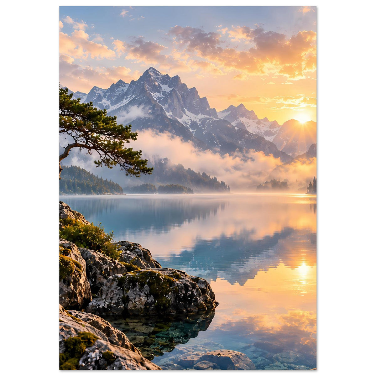 Vertikales Poster: Morgennebel über Bergen, goldene Sonne am Horizont, ruhiger See und Felsen