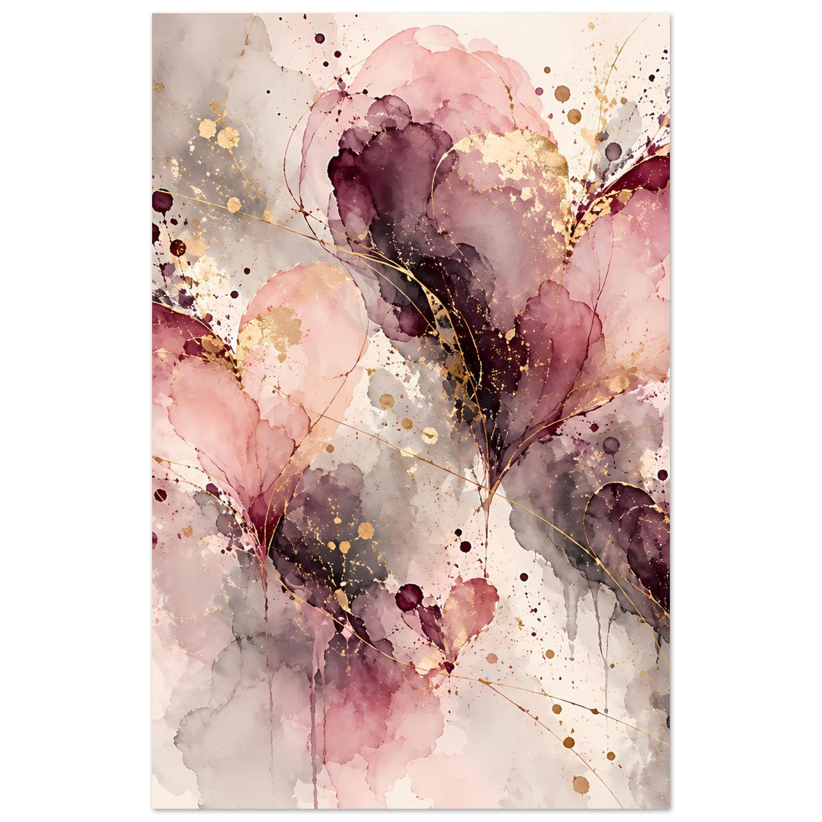 Poster mit abstraktem Herzmotiv in Rosa, Flieder und Gold, vertikal mit Rand.