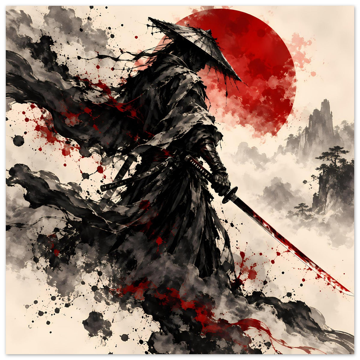 Samurai-Krieger-Poster: schwarzer Umhang, roter Mond, Schwert mit rotem Strich, Spritzer.