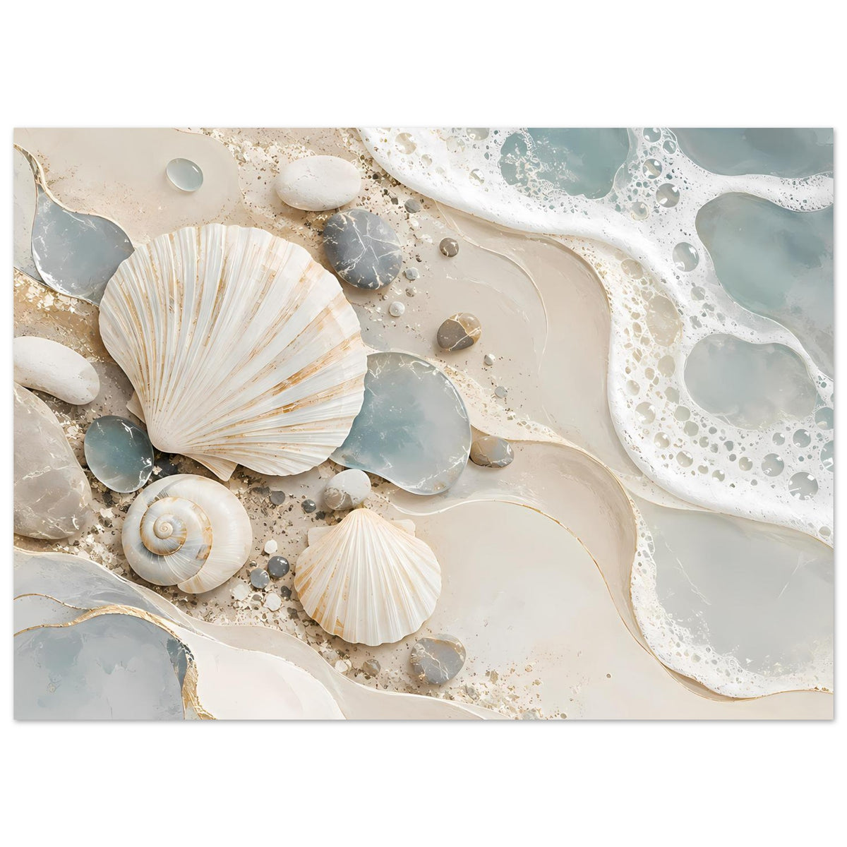 Kunstdruck mit Muscheln und Kieseln, cremefarbenes Sandbett, weißer Schaum und zarte Ozeanblau-Flächen
